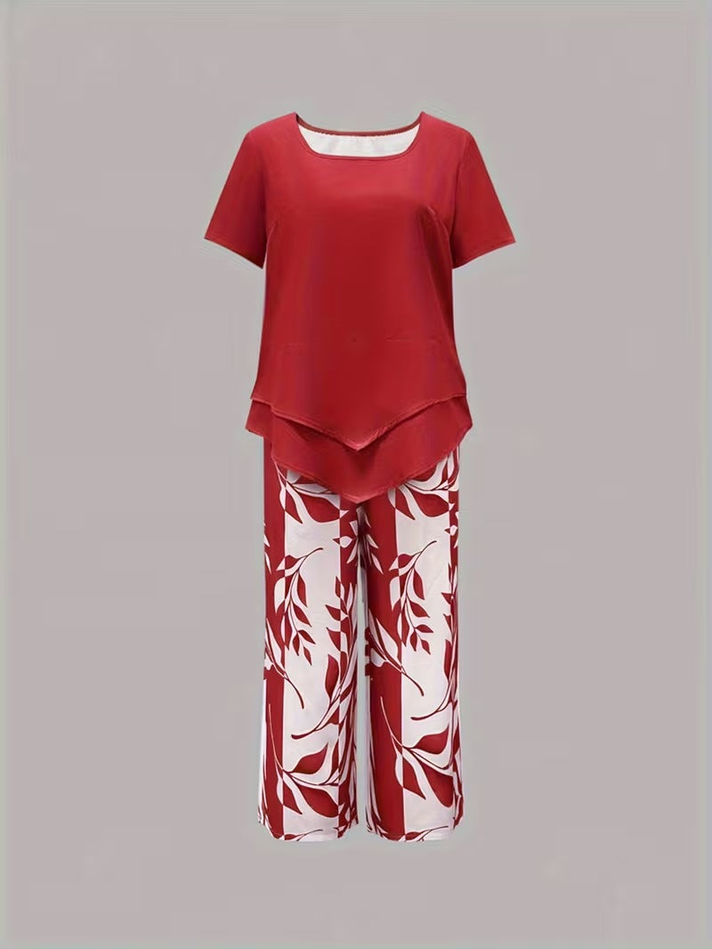 Evelira | Women's Leaf Print Two Piece Wide Leg Set