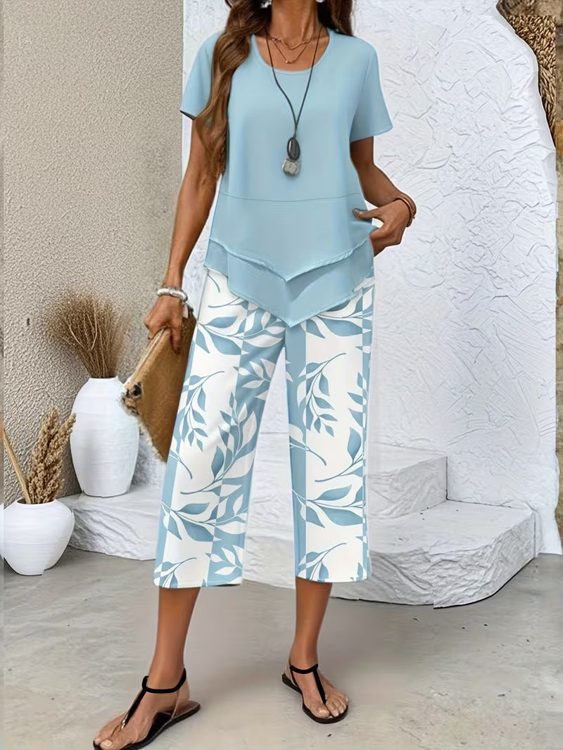 Evelira | Women's Leaf Print Two Piece Wide Leg Set