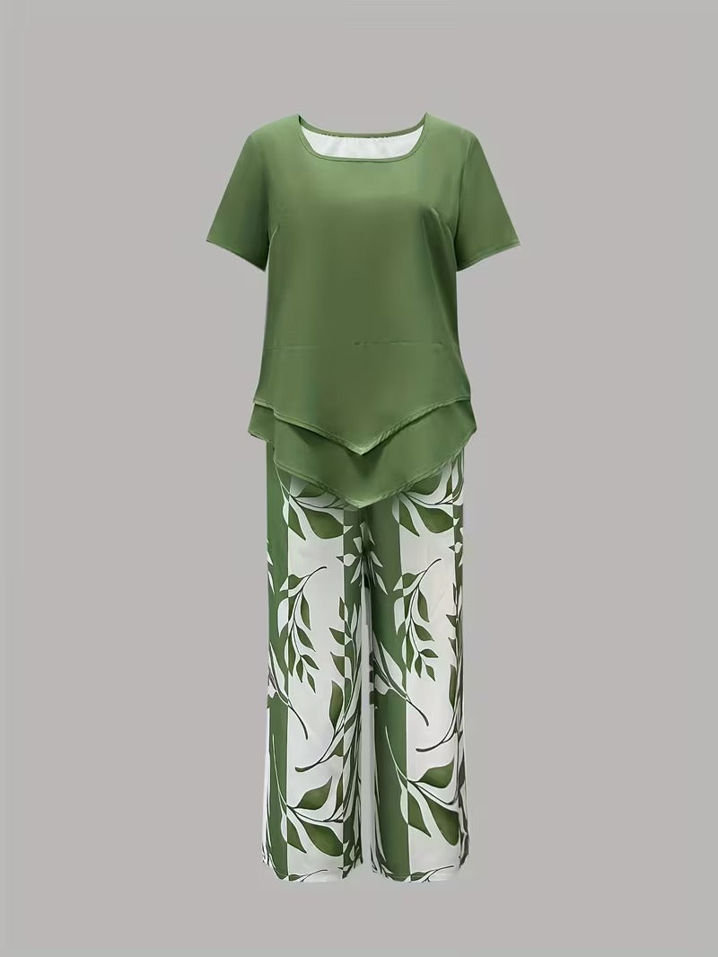 Evelira | Women's Leaf Print Two Piece Wide Leg Set