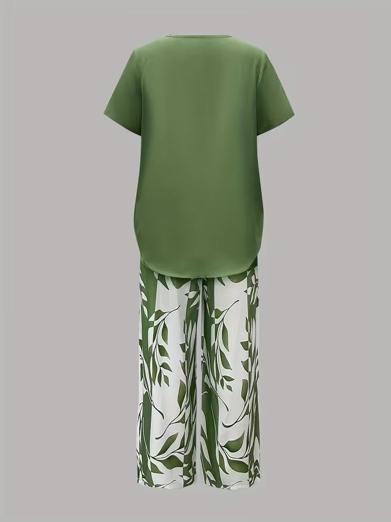 Evelira | Women's Leaf Print Two Piece Wide Leg Set