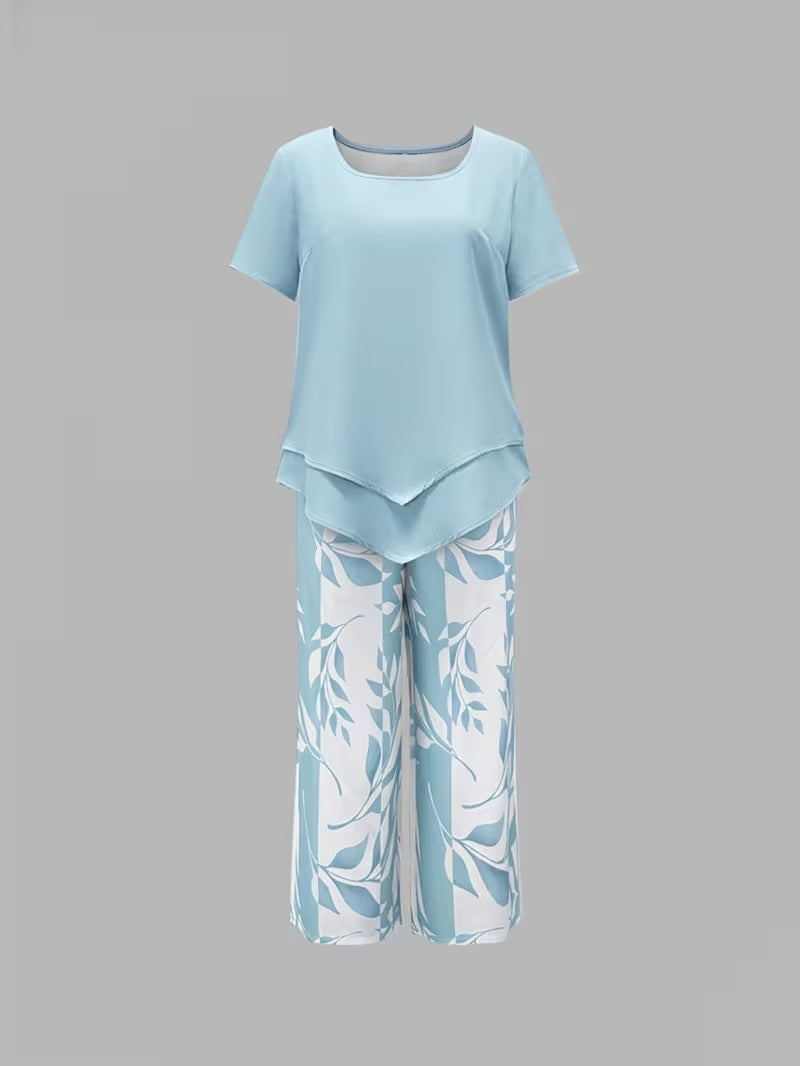 Evelira | Women's Leaf Print Two Piece Wide Leg Set