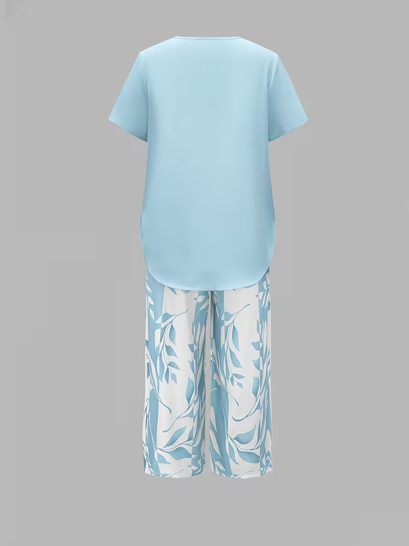 Evelira | Women's Leaf Print Two Piece Wide Leg Set