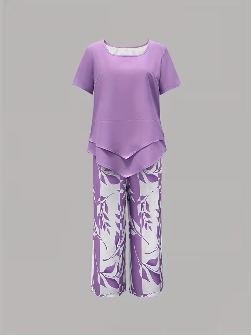 Evelira | Women's Leaf Print Two Piece Wide Leg Set