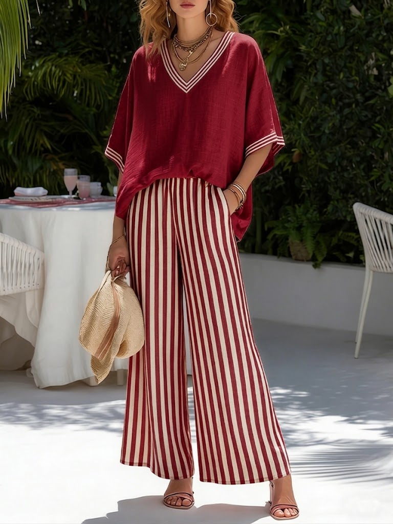 Francine | Women's Striped V-Neck Top Wide Leg Pants Set