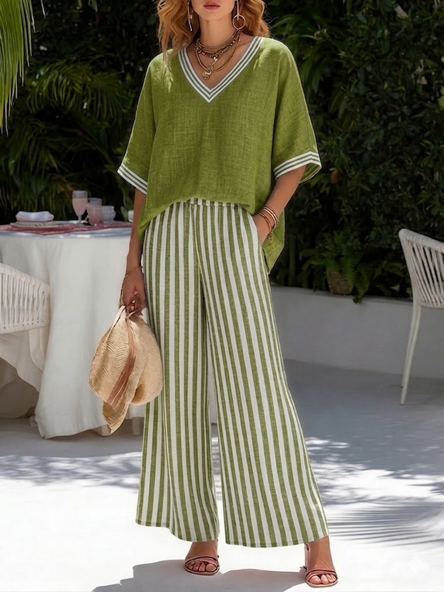 Francine | Women's Striped V-Neck Top Wide Leg Pants Set