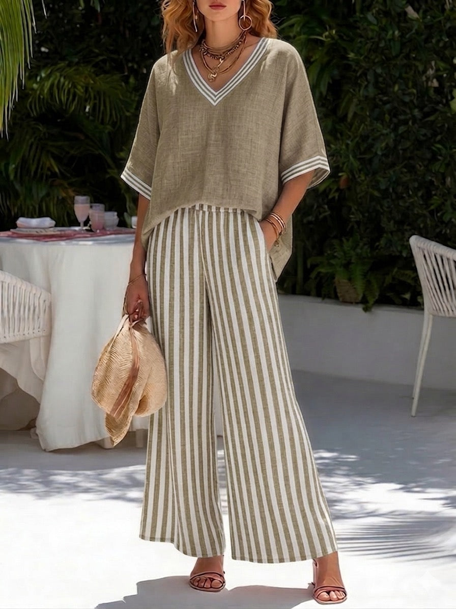 Francine | Women's Striped V-Neck Top Wide Leg Pants Set