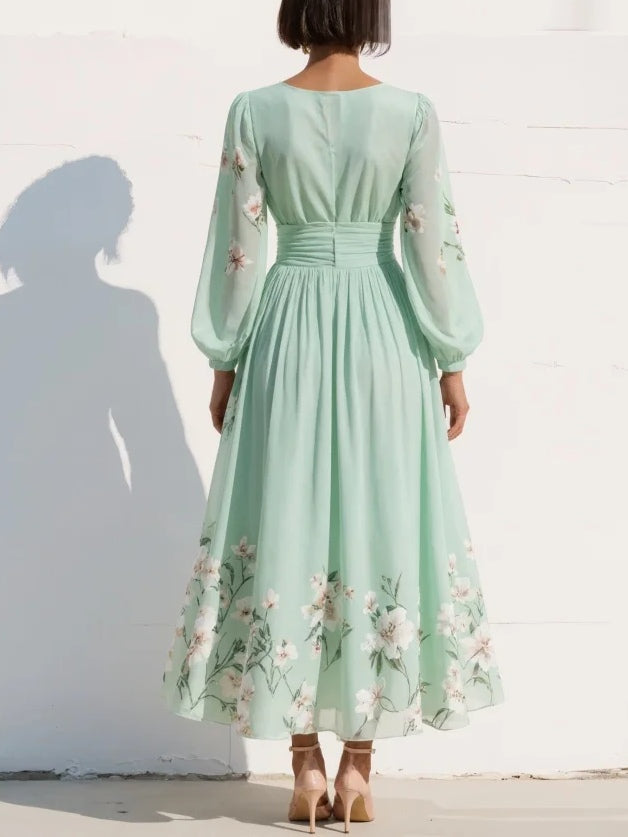 Iphigenia | Women's Floral V-Neck Long Sleeve Midi Dress