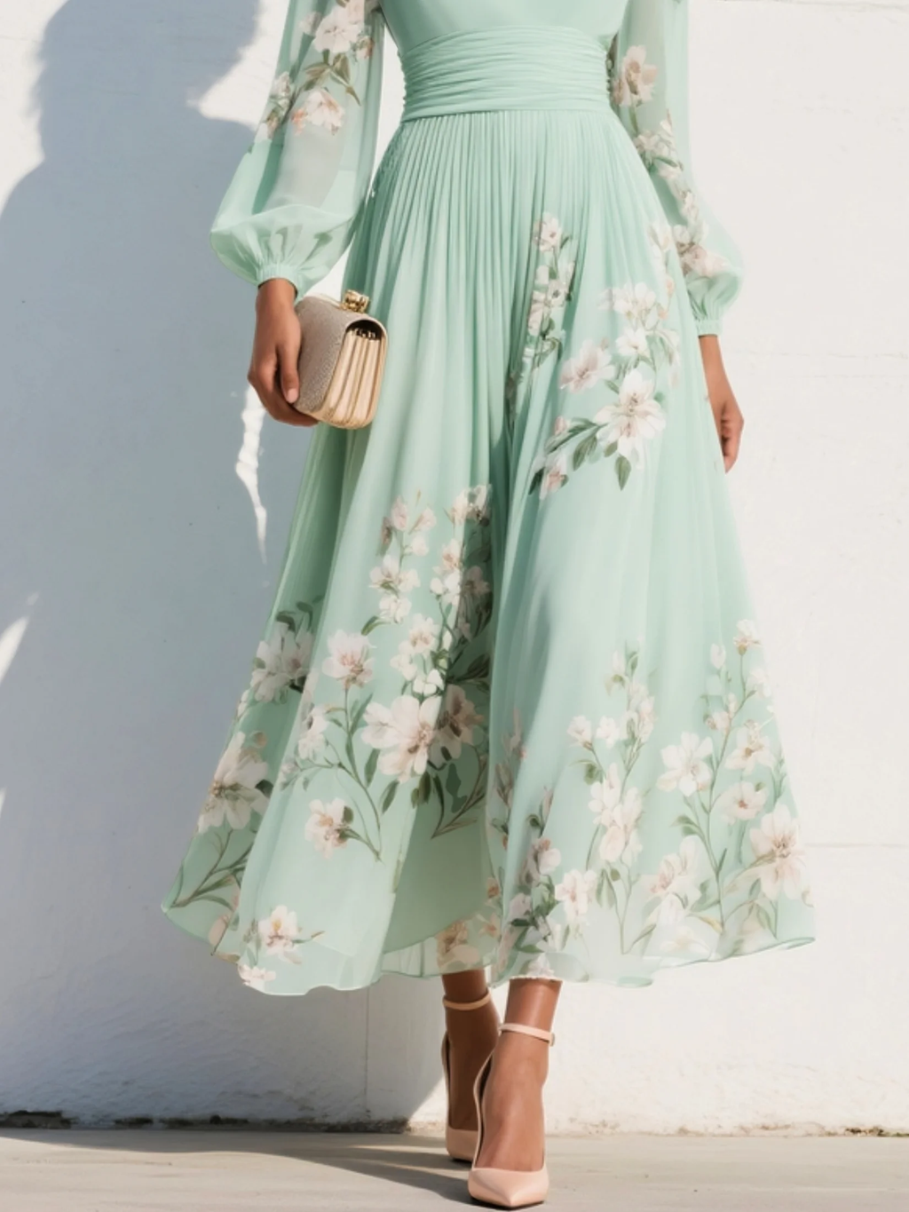 Iphigenia | Women's Floral V-Neck Long Sleeve Midi Dress
