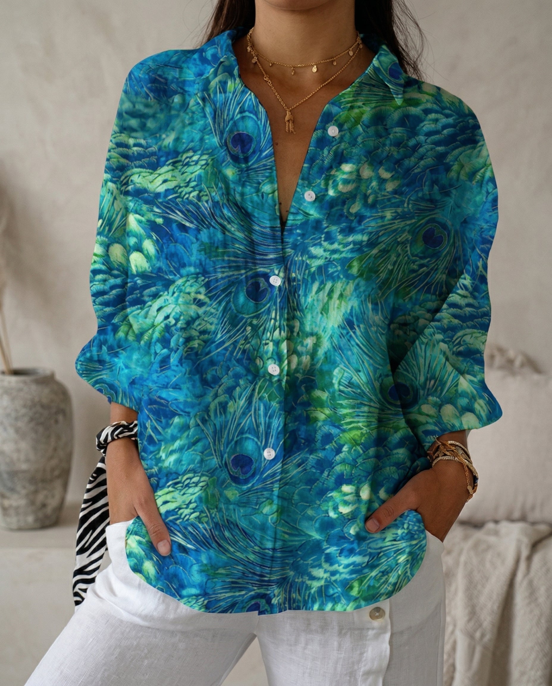 Lysithia | Women's Peacock Print Button Front Shirt
