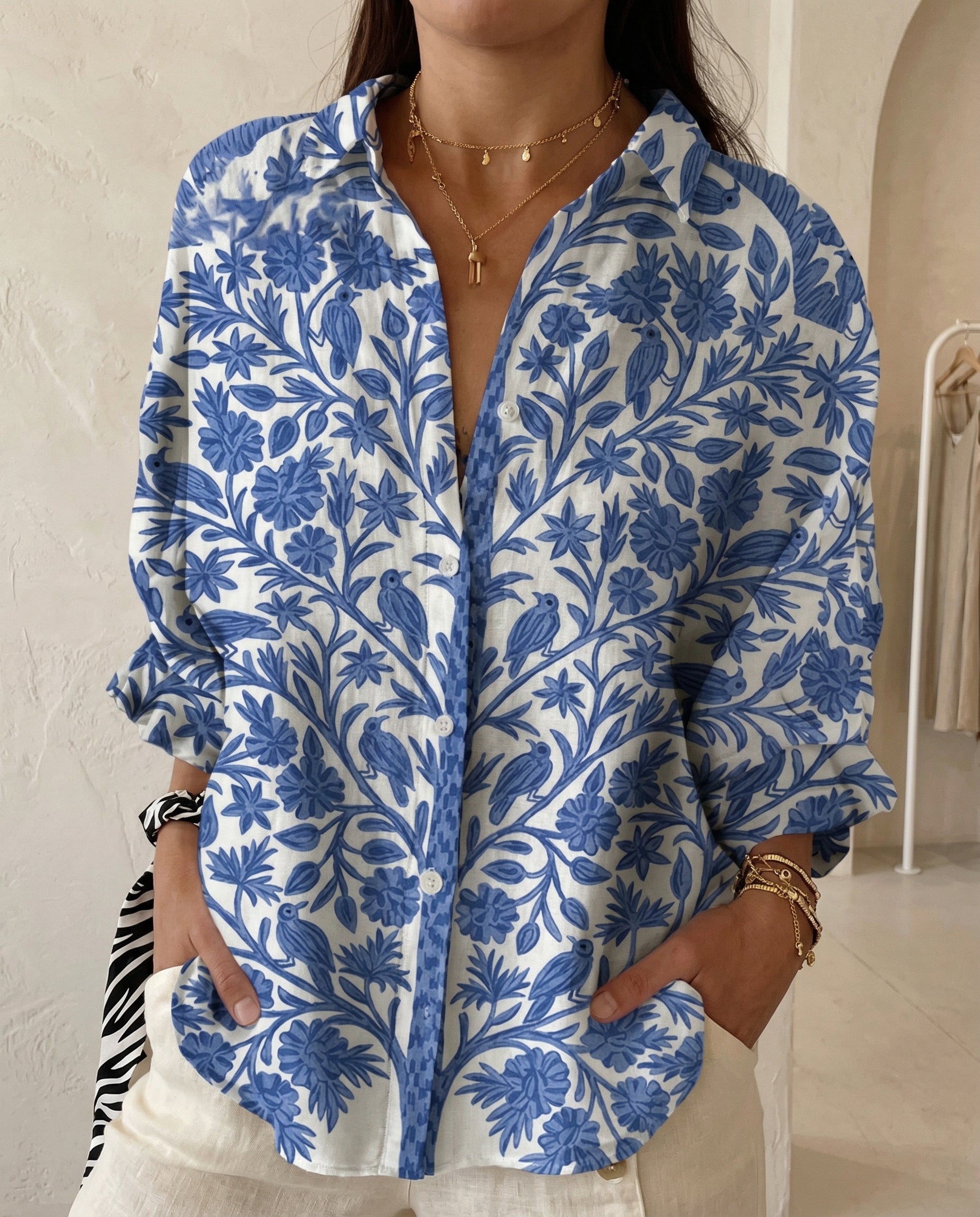 Lysithia | Women's Peacock Print Button Front Shirt