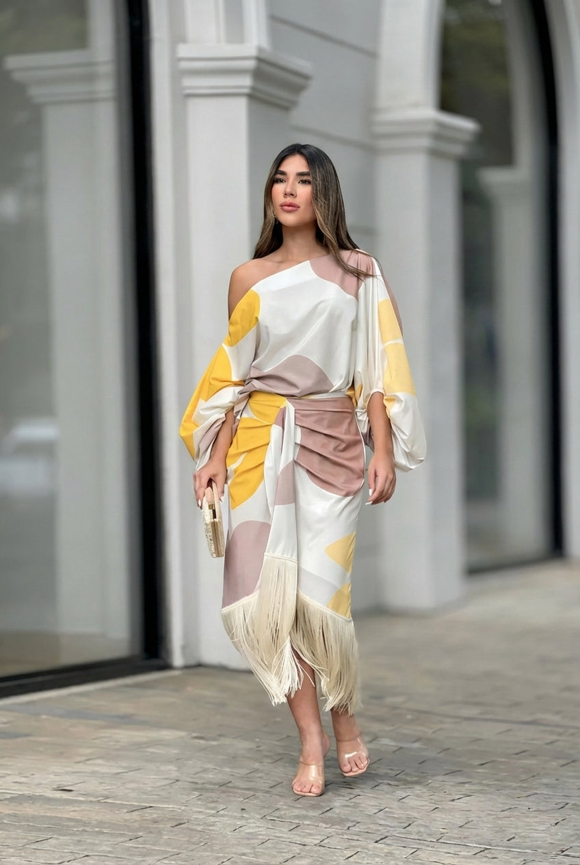 Saskia | Women's One Shoulder Fringe Midi Set