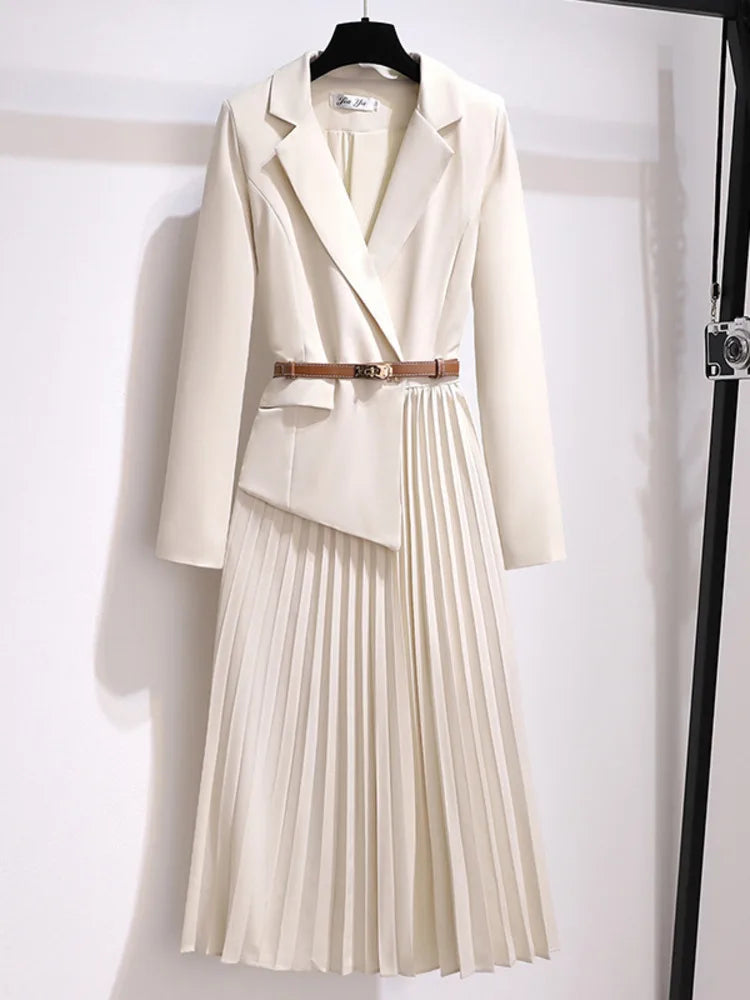 Xanthe | Women's Pleated Belted Long Sleeve Midi Dress