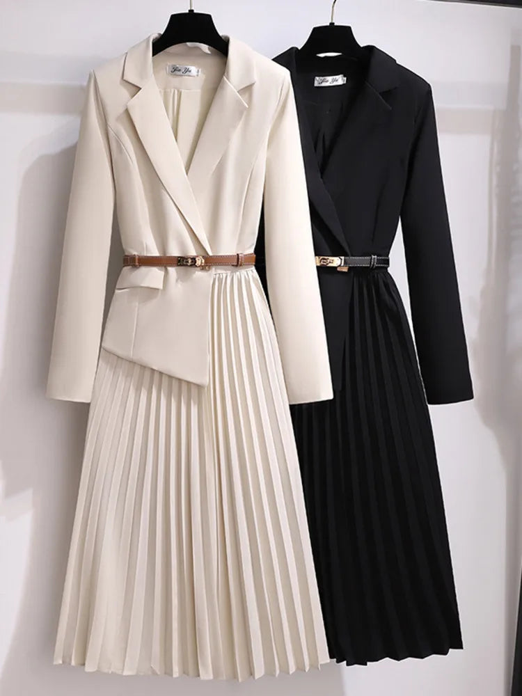 Xanthe | Women's Pleated Belted Long Sleeve Midi Dress